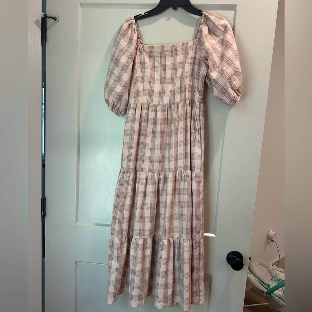 Plaid Puff Sleeve Midi Dress